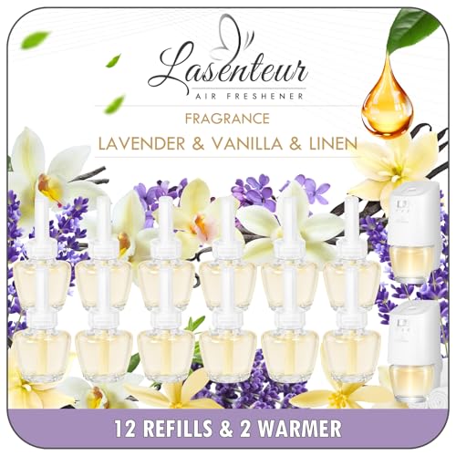 Plug In Scented Oil Starter Kit - Long-Lasting Air Freshener, 2 Warmers & 12 Refills, Linen, Vanilla, Lavender, Compatible with Airwick, Compatible with Glade, for Home, Office, Room, Bedroom