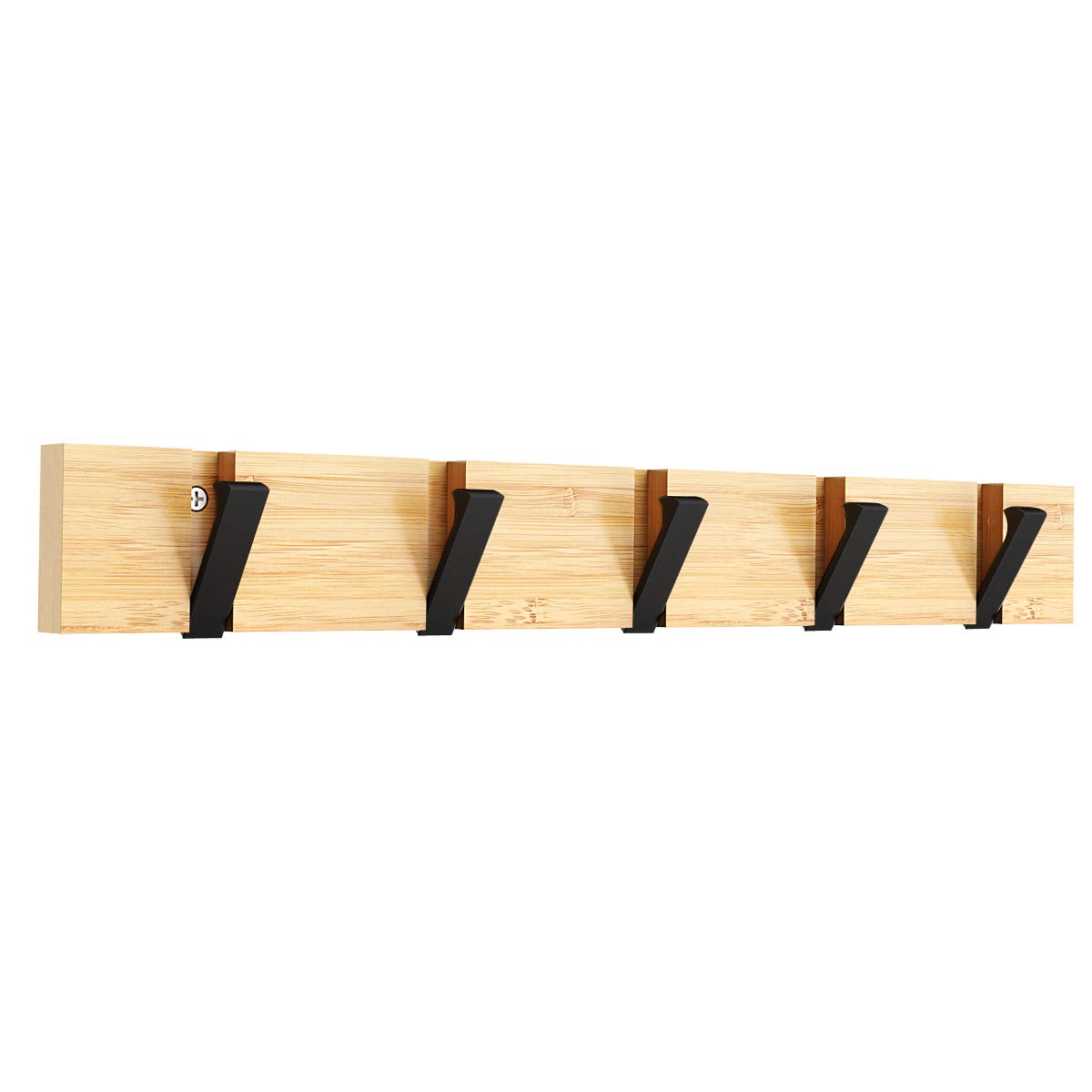 GOGOCOOL Bamboo Wall Mounted Coat Hooks Hanger, 20Kg Maximum Hanging Weight, Black Foldable Hook Type, Natural Wall Coat Hanger, 70mm Space Between Hook and Hook(5 Hooks)