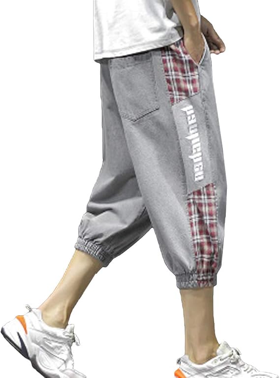 Amazon Zuomaクロップドパンツ メンズ カプリパンツ デニムパンツ チェック柄ステッチ 7分丈 カジュアルズボン ウエストゴム ハーレム パンツ ゆったり リゾート 普段着 部屋着 海遊び ミディアムパンツ 通販