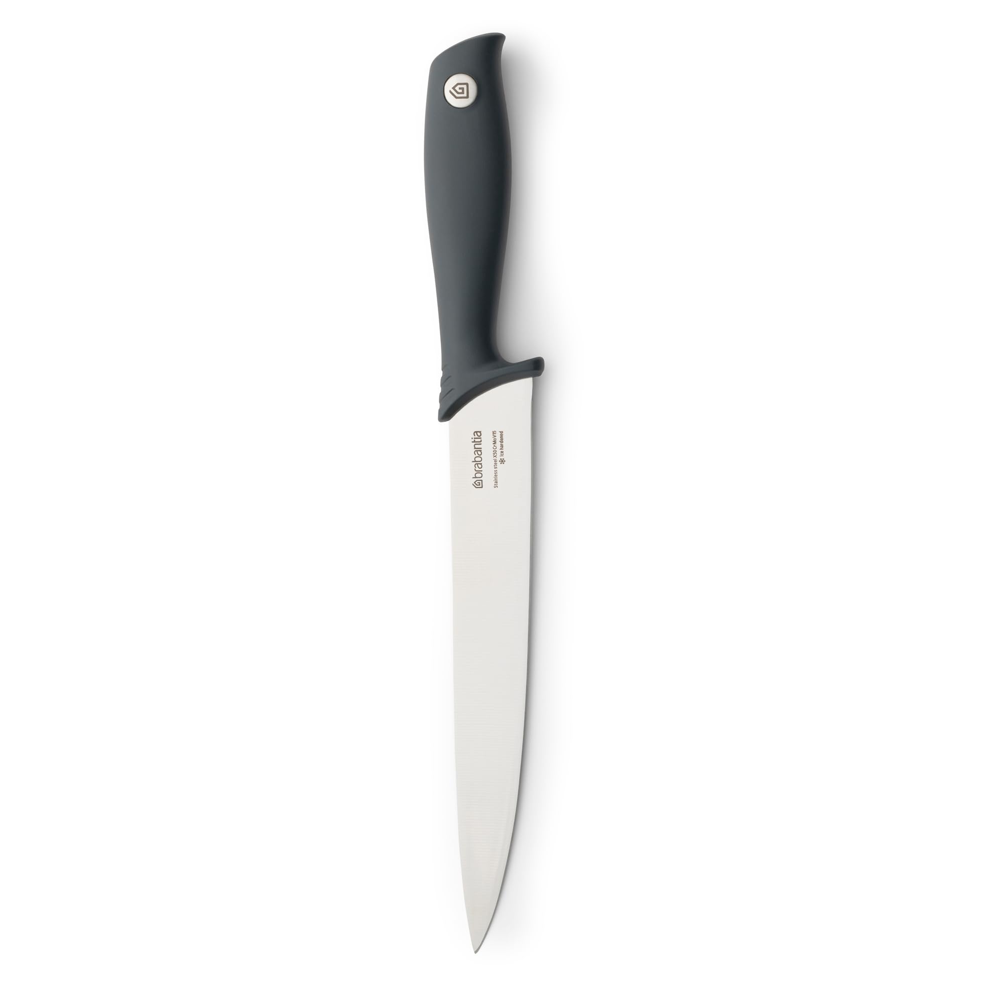 Brabantia Tasty+ Carving Knife (Dark Grey) Hardened Steel Long Blade Kitchen Knife, Ideal for Cutting Cooked Meat, Integrated Finger-Guard, All-Rounder, Sharp Tip, Ergonomic Handle