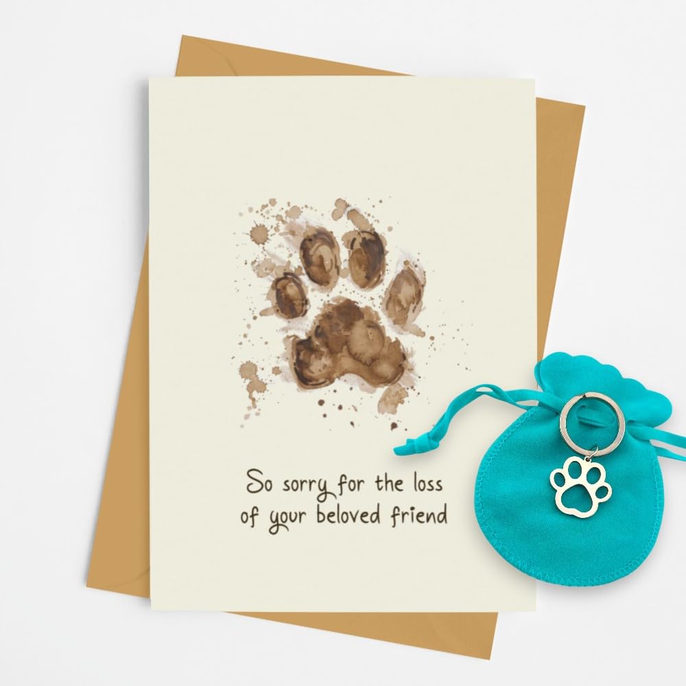 Muddy Pawprint - Pet Bereavement Sympathy Card and Pawprint Keyring - So Sorry for the Loss of your Beloved Friend - Condolences for Cat or Dog - Inc Kraft Envelope