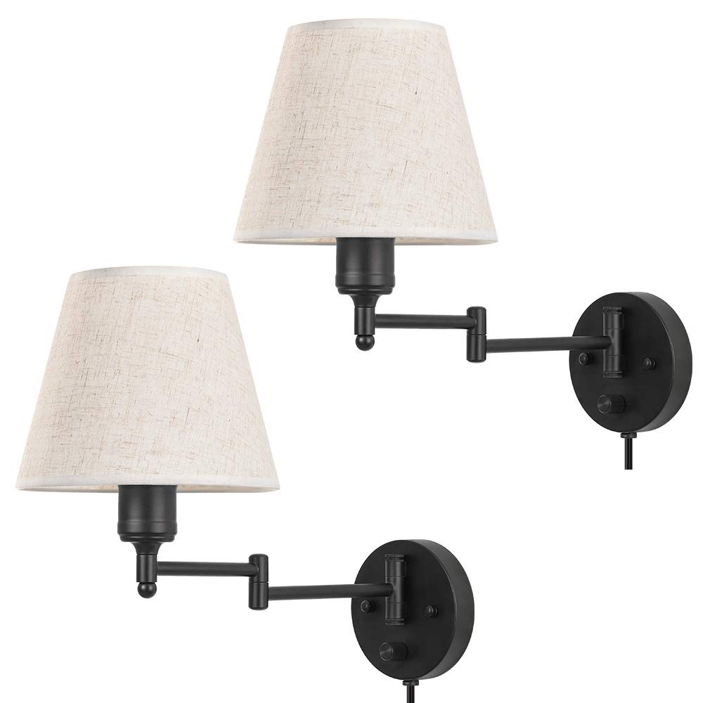 HAITRAL Plug in Wall Sconces Set of 2- Dimmable Wall Lamps with Linen Shade,Plug-in or Hardwired Wall Lights, Swing Arm Wall Lamps for Bedroom, Bedside, Living Room, Office, Farmhouse