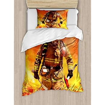 Lunarable Fireman Duvet Cover Set, Firefighter in a Building on Fire Searching for Survivors Emergency Services, Decorative 2 Piece Bedding Set with 1 Pillow Sham, Twin Size, Red Orange