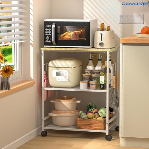 DAYONG Rolling Microwave Cart, 3-Tier Kitchen Storage Rack with Wheels, Mobile Shelving Unit Organizer Utility Cart for Small Spaces, Kitchen, Living Room, Balcony, Coffee Bar, Office (White)