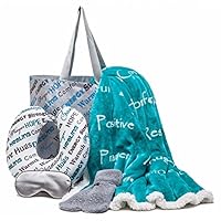 Chanasya 5-Piece Warm Hugs Positive Energy Healing Thoughts Comfort Caring Message Print Combo Gift Pack Throw Blanket, Neck Pillow, Eye Mask, Tote Bag, Socks - for Women Men Cancer Hospital - Teal