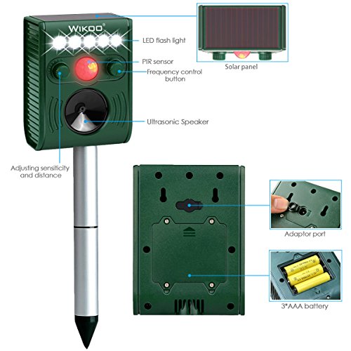Wikoo Ultrasonic Solar Animal & Pest Repeller, Waterproof Repellent, Pest Control for Dogs, Foxes, Birds, Skunks, Rodents etc, Motion Activated, Includes USB Cable