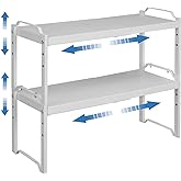 2 Pack Expandable Kitchen Cabinet Shelves Organizers, Stackable Adjustable Small Storage Shelf Rack Stand Riser for Pantry Cabinet Cupboard Kitchen Counter Organization, 22 lbs Capacity, Length:20.5"
