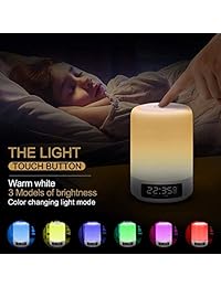 Luz nocturna altavoz Bluetooth, sensor táctil lámpara de mesita de noche con alarma digital, LED cambio de color portátil reproductor de MP3 regalo para niños adolescentes dormitorio fiesta