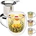 Teabloom Double-Wall Borosilicate Glass Mug with Stainless Steel Infuser and Lid – 15 OZ / 430 ML – 2 Gourmet Tea Flowers Included