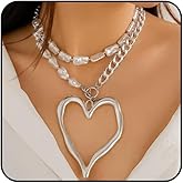 ROSASUENO Chunky Gold Heart Necklaces Silver Large Statement Necklaces Y2k Puffy Heart Jewelry Gifts Layered Stacked Baroque Pearl Choker Trendy Charm Chain Accessories