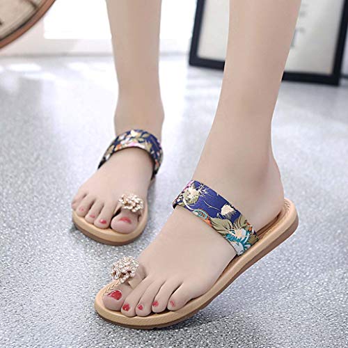 Beach Flip Flop for Women, Anshinto Summer Rhinestones Floral Print Slippers Non-Slip Flat Sandals Sweet Flower Shoes (8 B(M) US, Blue)