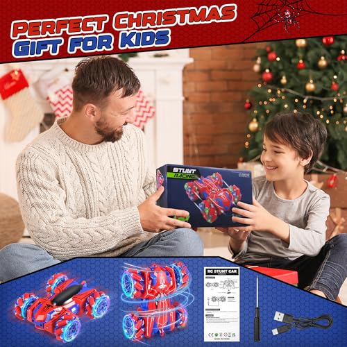 Kssvzz Spider Remote Control Car for Children 14 km/h, 360° Rotation RC Stunt Toy with Wheel Lights, 2.4 GHz Radio Controlled Car, 4 Wheel Drive, Gift Toy for Boy Girl 3 4 5 6 7 8 9 Years Old | USB-C Rechargeable Battery, 360° Rotation, Cold Light, 4WD RC Car Toy for Ages 3, 4, 5, 6, 7, 8, 9 Years, Boys