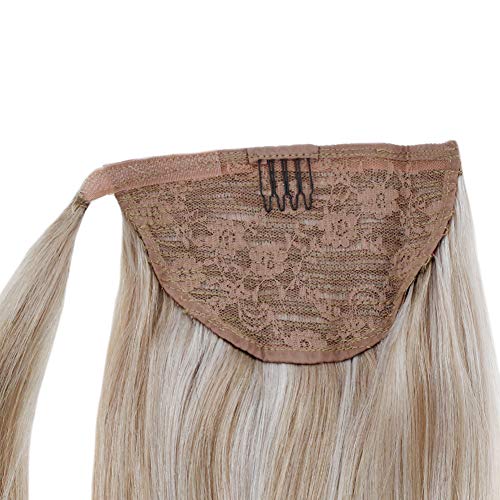 LaaVoo 12" Short Wrap Pony Tail Human Hair Extensions in Color Ash Blonde Mixed Bleach Blonde Remy Brazilian One Piece Ponytail Hair 70g