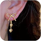 GZJOGO 14K Gold Plated Stud Minimalist Bow Earring Trendy Dainty Cute Simple Small Bow Earrings Heart DangleJewelry Gift for Her