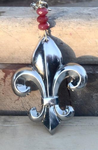 Fleur De Lis Floral Reproduction Steampunk Ruby Pendant Beaded One of a Kind Necklace Silver Handmade