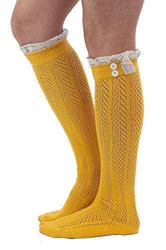 The Original Button Boot Socks with Lace Trim Boutique Socks by Modern Boho Mustard One Size