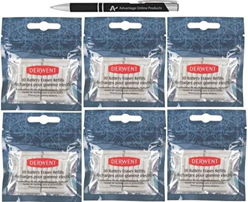 Value Bundle 6-Pack Derwent Replacement Erasers, Pack, 180 Count (2300023) plus Bonus AdvantageOP Black and Chrome Retractable Pen