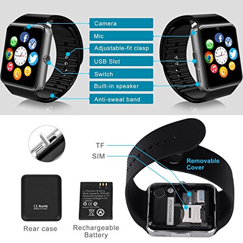 Smartwatch, Collasaro Sweatproof Smart Watch Phone with Camera and SIM Card Slot for IOS iPhone, Android Samsung HTC Sony LG Smartphones