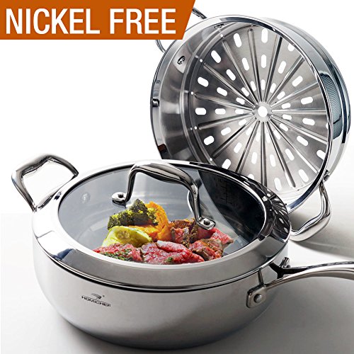 HOMI CHEF Mirror Polished NICKELFREE Stainless Steel 5 Quart Saute Pan & Steamer Insert with Lid