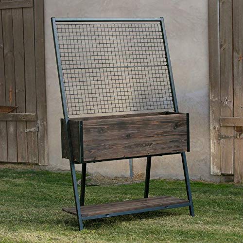 StarSun Depot Large Dark Wood Raised Planter with Black Steel Trellis