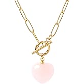 TaYolnFaSo Natural Stone Paperclip Toggle Necklace Dainty Size Heart/Round Teardrop Gemstone Paper Clip Chain Necklace Birthstone Jewelry Gift for Women