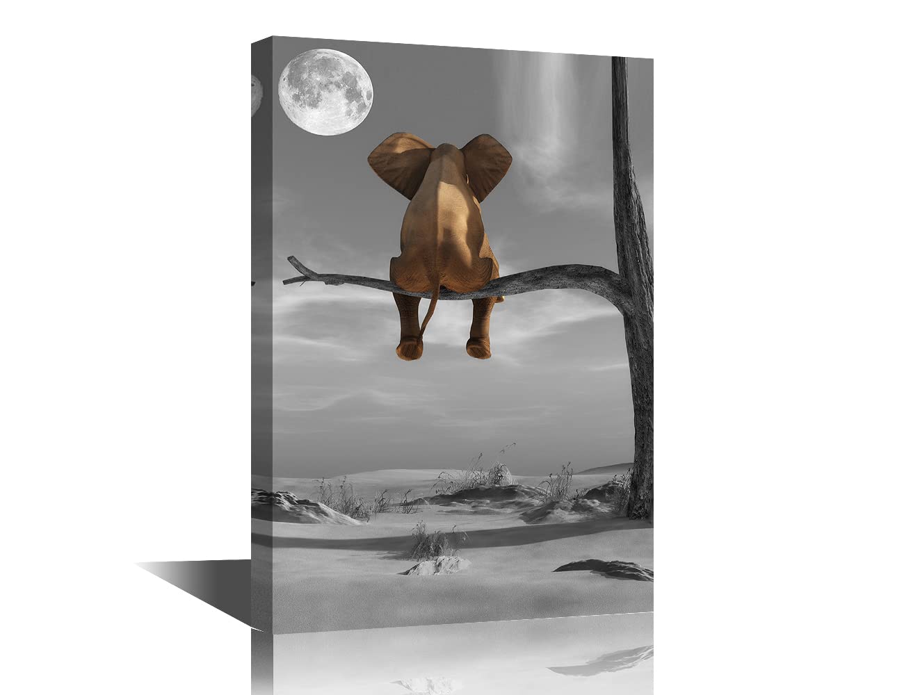 Cute Elephant Sitting on a Branche Painting Canvas Wall Art Print Poster Artwork for Living Room Bedroom Decor Black and White Art Animals Picture Room Wall Decor Framed Reday to Hang 16x24in — image 1