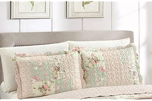 Brilliant Sunshine Traditional Rose and Sage Patchwork Pillowshams Set, Quilted Standard Pillowcases, 20x26 with 2" Flange, Scalloped Edge Pillow Covers, Pack of 2, Pink