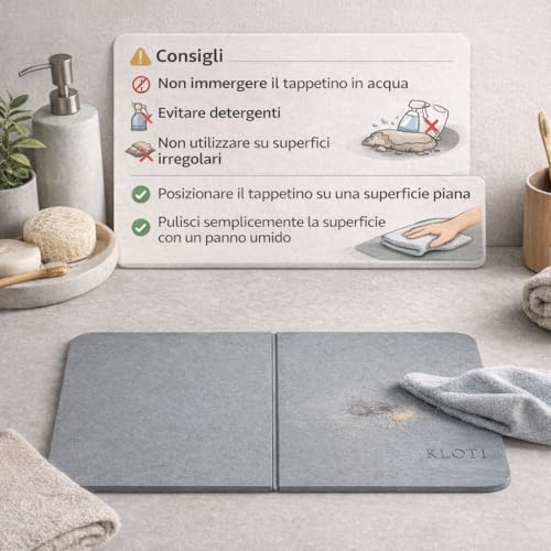 KLOTI Diatomite Bathroom Rug, Non-Slip Bath Mat, Absorbent Shower Mat, Non-Slip Bath Mat, Quick Drying Anti-Mildew, 60 x 39 cm, Grey