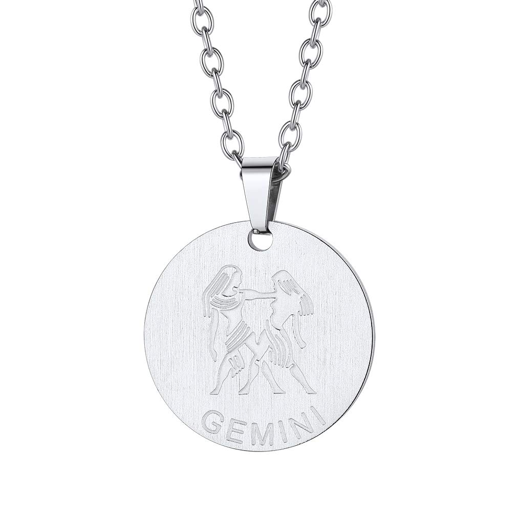 Custom4U Gemini Zodiac Necklaces for Women Stainless Steel Coin Horoscope Pendant with Chain