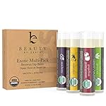 Beauty by Earth Exotic Organic Multi-Pack Beewax Lip Balm with Aloe Vera and Vitamin E, 4 Pack (Green Tea, Asian Pear, Pomegranate and Acai Berry)