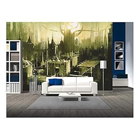 Illustration Painting Showing Skylines and Sunset of Dark City - Removable Wall Mural | Self-Adhesive Large Wallpaper - 66x96 inches