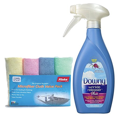 1 X Downy Wrinkle Releaser Plus, Light Fresh Scent, 16.9 Fl. Oz. New Trigger Spray Bottle, Wrinkle Remover + Static Remover + Ironing Aid, | Reusable Microfiber Value Pack 4 pieces