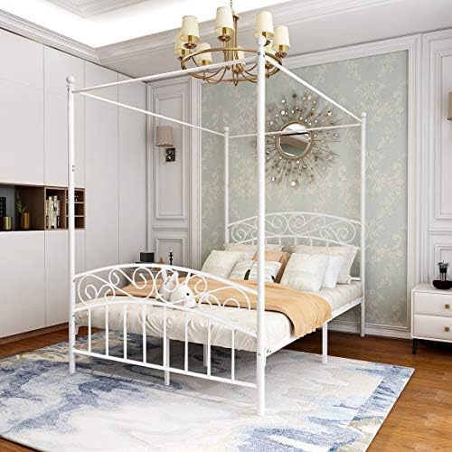 JURMERRY Full Size Metal Canopy Bed Frame with Ornate European Style