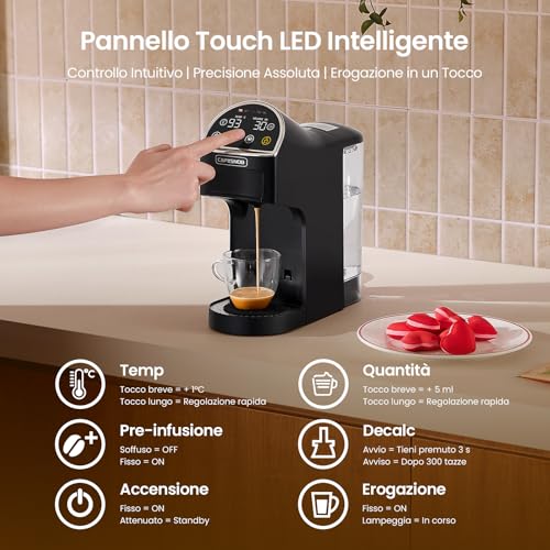 Magician2 5 in 1 Multi-Capsules Coffee Machine for Nespresso, Dolce Gusto, Lavazza A Modo Mio, ESE 44 and Ground Caps, Touch LED, Self-Adaptive, 20 Bar, 1.2L, Espresso Machine for Home and Office