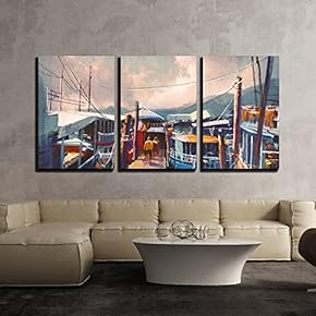 3 Piece Canvas Wall Art - Colorful Painting of Fishing Boats in Harbor in Summer, Modern Home Art Stretched and Framed Ready to Hang - 16"x24"x3 Panels