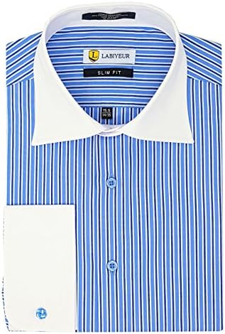 Labiyeur Men's Slim Fit French Cuff Striped Dress Shirt 17.5 | 34-35 Double Blue/White
