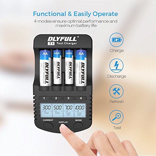 Dlyfull Smart AA and AAA Battery Charger with LCD Display, 4 Bays Speedy Charger with AC Wall Adapter for NiMH/NiCd Rechargeable Batteries