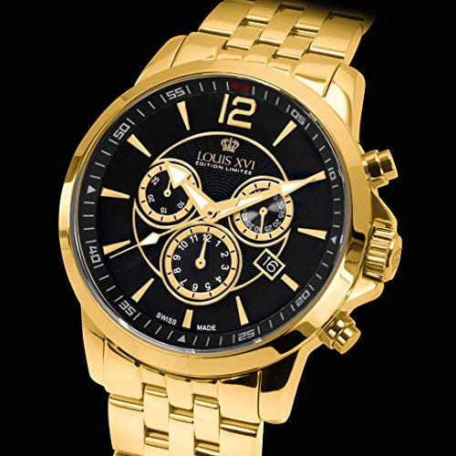 LOUIS-XVI-Herren-Armbanduhr-Athos-Stahlband-Gold-Schwarz-Chronograph-Analog-Quarz-Edelstahl-876