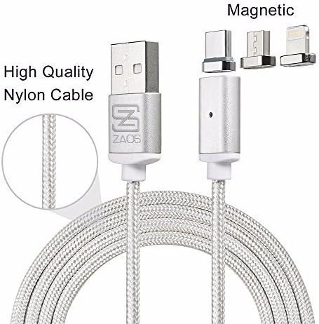 USB Type C Cable,Magnetic Charger Cable USB to Lightning+USB C+Micro 3 in 1 Multiple 2.1A Quick USB Charging Cable for iPhone 7 7 plus/ 6 6s Plus/iPad Samsung Galaxy S6 S7 S8 plus Lg V20 Gen2 (Silver)