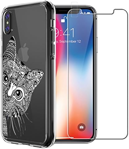 Yalixin iPhone X Case, iPhone XS Case with Tempered Glass Screen Protector, Slim Thin Soft TPU Silicone Cover for Apple iPhone X/iPhone XS 5.8", Black Cat