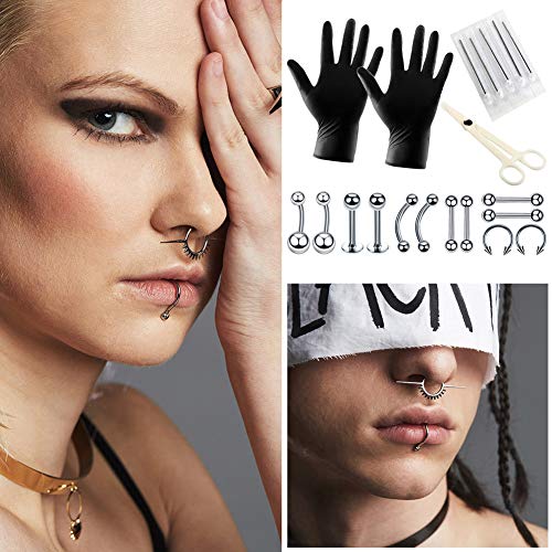 20PCS Professional Body Piercing Kit Stainless Steel Belly Ring Tongue Tragus Nipple Labret Lip Nose Piercing Needles Gloves Tools