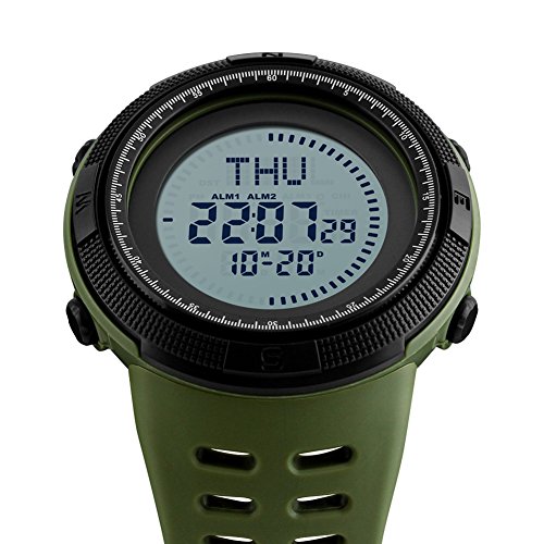 Men's Outdoor Survival Sports Digital Led Watches With Compass 5ATM Water Countdown 3 Alarm Stopwatch (Army Green)