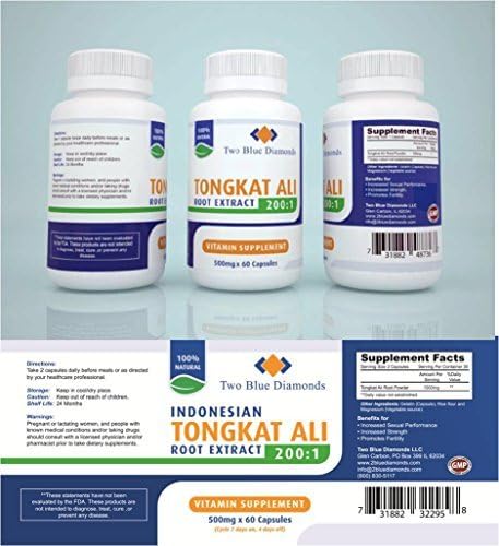 100% Natural GMP Certified Indonesian Tongkat Ali Root Extract 200:1 1000mg 500mg per Capsule 60 Capsules 1 Month Supply by Two Blue Diamonds
