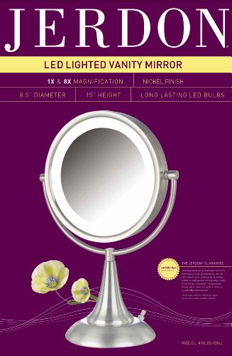 Jerdon HL8510NL 8.5-Inch Tabletop Two-Sided Swivel LED Lighted Vanity Mirror with 8x Magnification, Nickel Finish