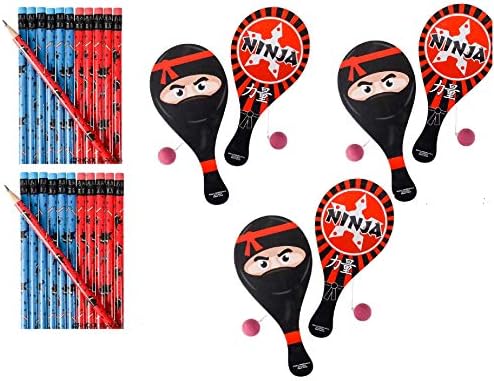 36 Awesome Ninja Party Favors ~ 2 DZ (24) Ninja Pencils & 1 DZ (12) Ninja Paddleball Games ~ Giveaways, Stocking Stuffers, Classroom Prizes