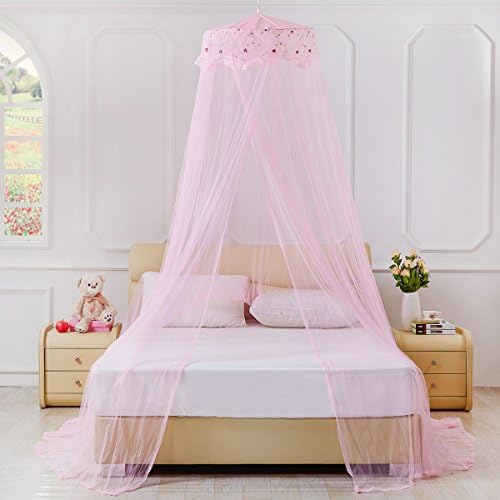 KHGDNor Lace Flower Embroidered Bed Canopy for Kids Mosquito Net Hanging Net (Pink)
