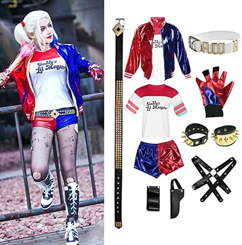 OPM 9 PCS Halloween Costume Fancy Dress for Girls Adult Women, Harley Quinn Suicide Squad Costume Girls Sets for Cosplay Party Carnival Stage Performance M