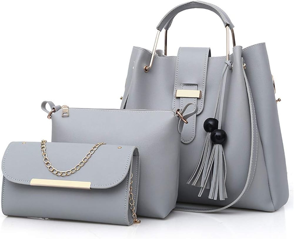AlwaySky Women Soft PU Leather Handbag 3Pcs Set Tote Shoulder Bag Clutch Purses Set (Gray), 1