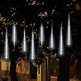 Adecorty Falling Rain Lights Meteor Shower Lights Christmas Lights 30cm 8 Tube 144 LEDs, Falling Rain Drop Icicle String Lights for Christmas Trees Halloween Decoration Holiday Wedding (White)