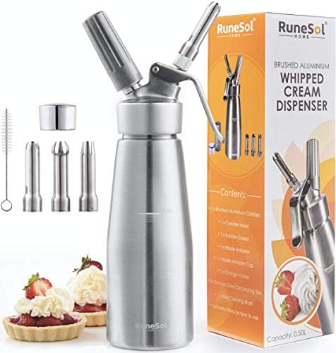 RuneSol® Home Whipper Siphon à crème chantilly professionnel avec 3 douilles en acier inoxydable. Siphons compatible avec les cartouches N20 (non inclus) - Cuisine A Vivre RuneSol® Home Whipper Siphon à crème chantilly professionnel avec 3 douilles en acier inoxydable. Siphons compatible avec les cartouches N20 (non inclus)
